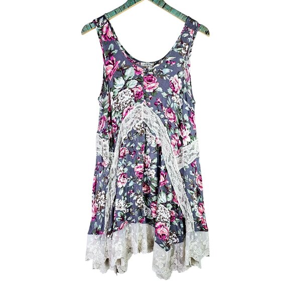 Umgee Tops - Umgee USA Crepe Sheer Lace Dainty Asymmetrical Southern Boho Tank Top, Sz L